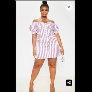 Plus Pink Striped Bardot Button Front Shift Dress